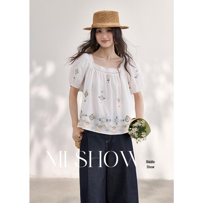 Bohemian Embroidered Lace Puff Sleeve Blouse L