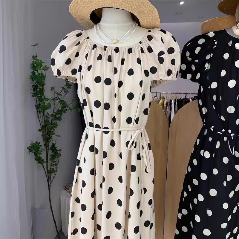 Women's Polka Dot Puff Sleeve Summer Dress - French Retro Style