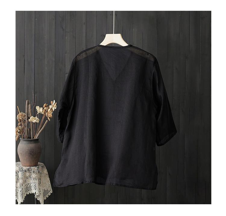 2024 Summer Lightweight Cotton Linen V-Neck Blouse - Zen Style, Plus Size, Mid-Sleeve, Comfortable, White Shirt