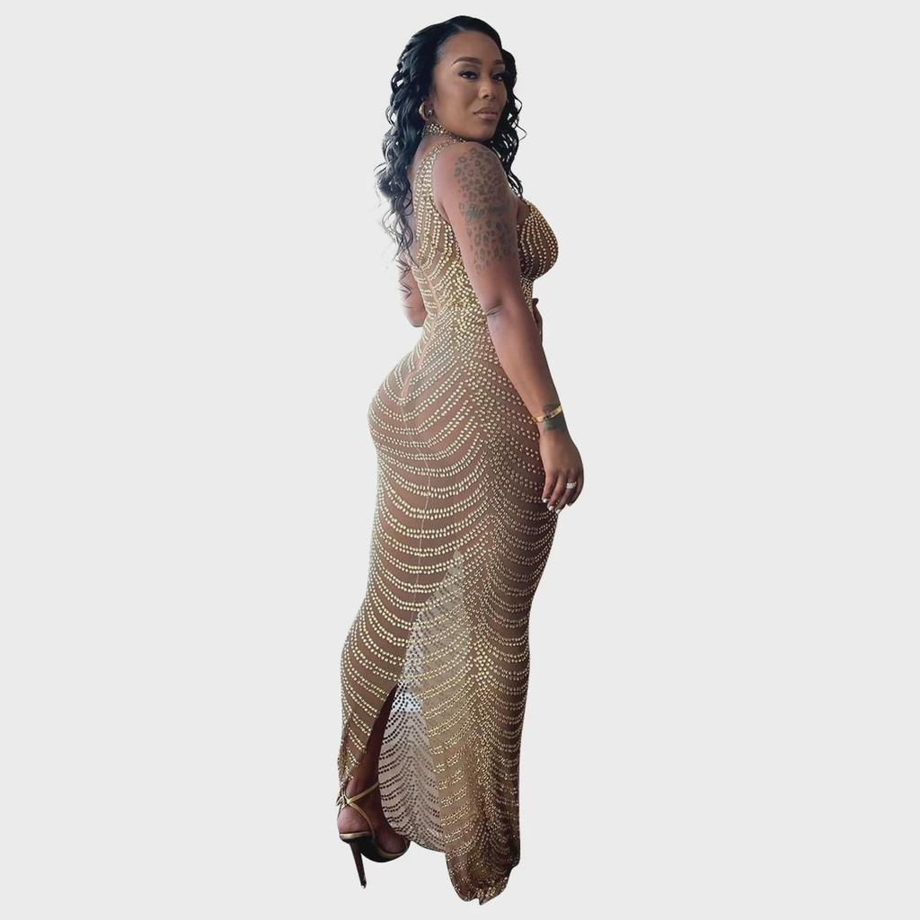 OS6777 Vestido Sexy de Rede Feminino com Strass - Estilo Europeu e Americano