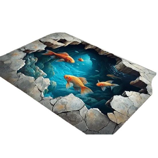 3D Optical Illusion Fish Area Rug Realistic Ground Crack Floor Carpet Non Slip Indoor Doormat for Living Room Bedroom Entryway Bath