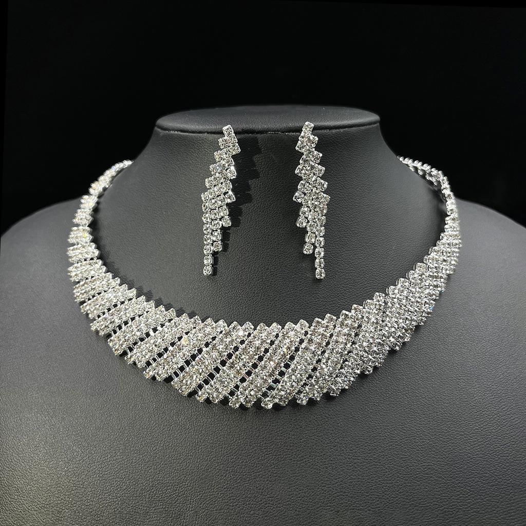 Bridal Necklace Set, Copper Claw Chain Full Diamond Light Luxury Geometric Collar Two-piece Set, Jewelry Women