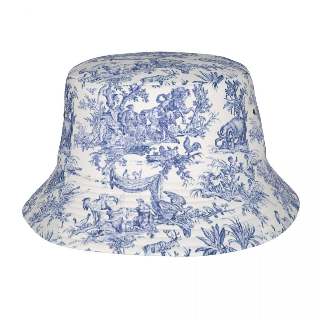 Navy Blue Toile De Jouy Bucket Hat Women Unisex Unisex Fashion French Countryside Floral Summer Fisherman Cap