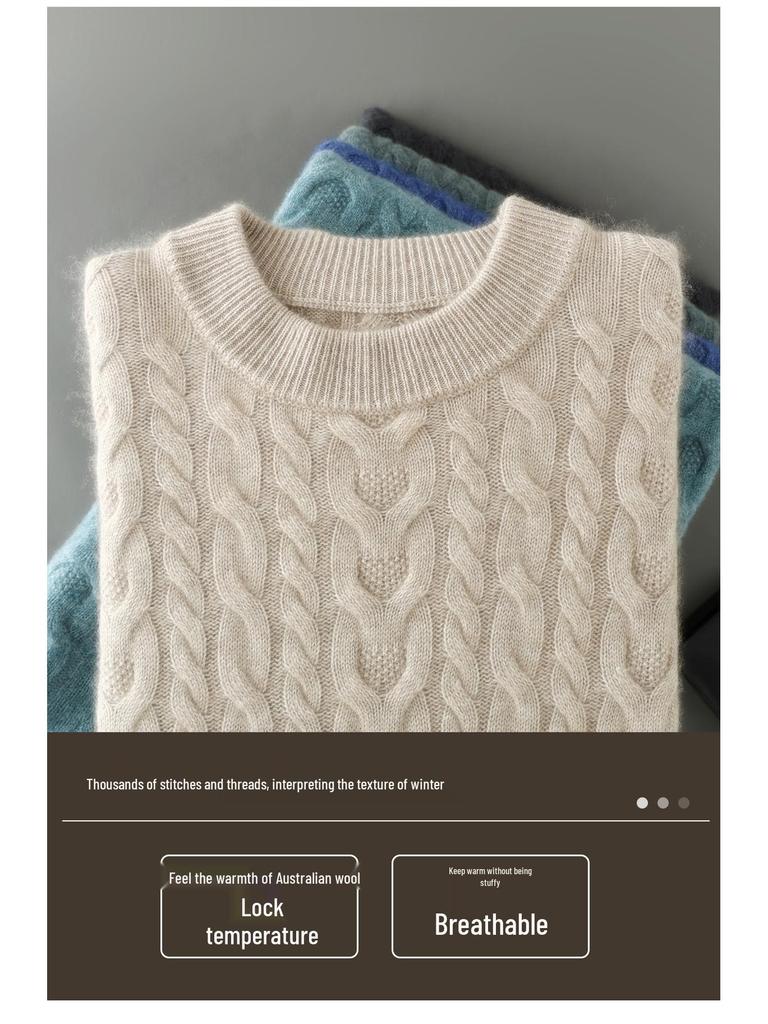 Men's 100% Pure Wool Round Neck Sweater – Autumn/Winter Thick Knit, Casual Loose Fit, Inner Cashmere Base Layer.