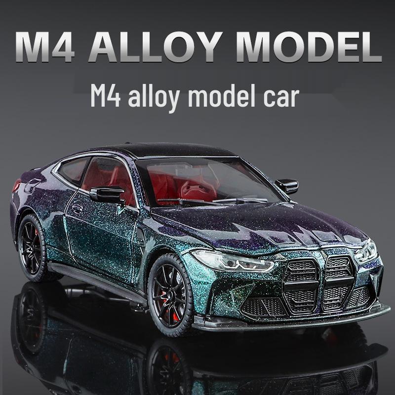 1:24 BMW M4 Diecast Car Model with Shock Absorption, Pull-Back, Steering, Sound, and Light Features.