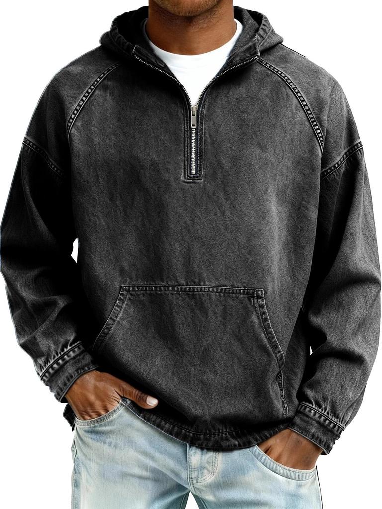 Men's Distressed Retro Long Sleeve Hooded Zip-Up Hoodie