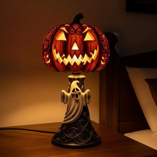 Pumpkin Night Light Halloween Horror Skeleton Ghost Witch Pumpkin Lantern Resin LED Tabletop Lamp for Gothic Room Desk Decorr