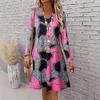 Women's Fashion Spring Fall Colour Block Print Long Sleeve V-Neck Loose Waistline Casual Dresses