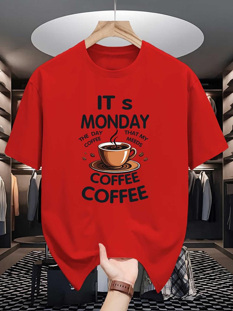 Unisex Crew Neck Tee Its Monday Coffee Cup Funny Text Art Print Soft Cotton Loose Short Sleeve Summer Casual Male Streetwear Tops