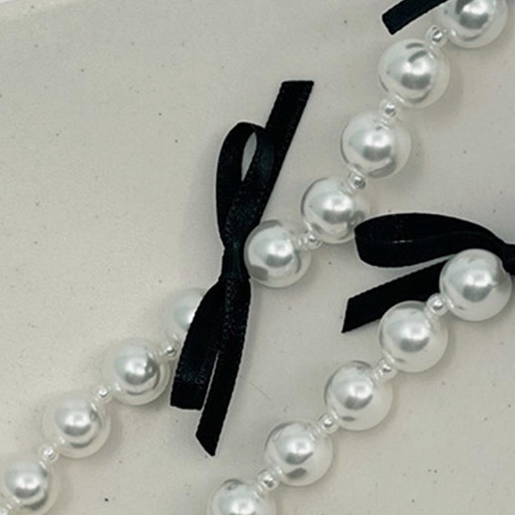 Fashionable Black Ribbon Bowknot Necklace Faux Pearl Alloy Chain Choker Fashion Cool Girls Clavicular Chain Jewelry