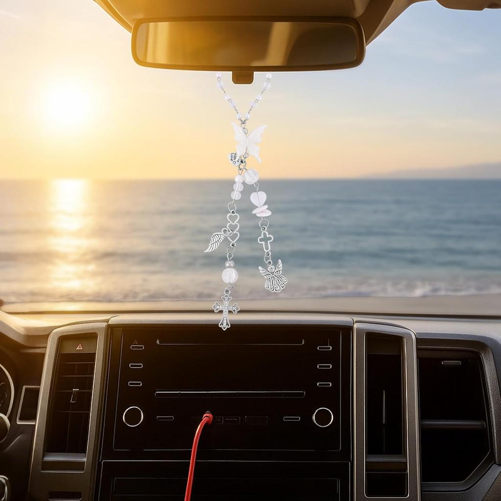 Angel Cross Rear View Mirror Charm - Crystal Angel Wing Pendant Hanging Chain, Religious Cross Car Suncatcher Ornament, Spiritual Car Interior Decor
