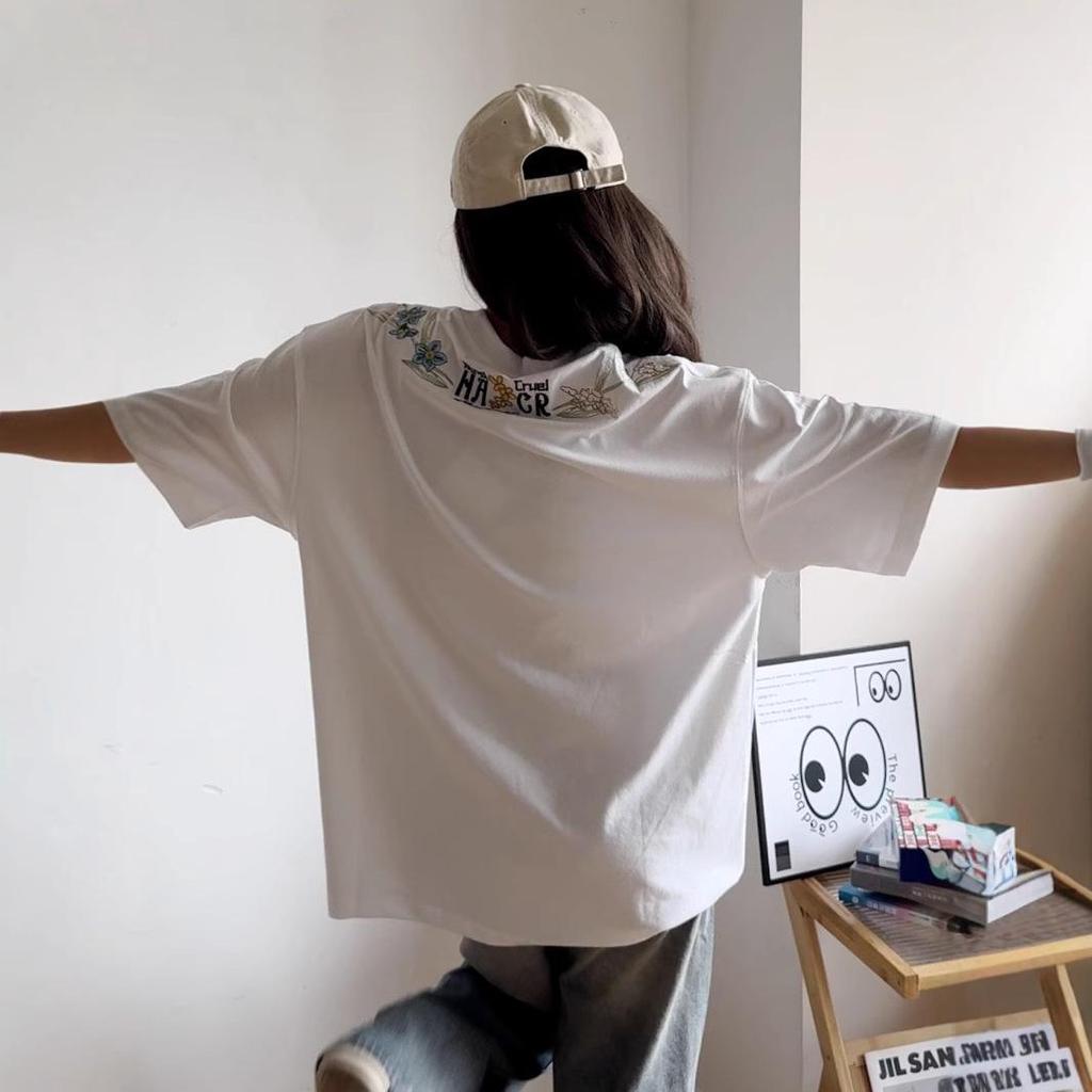 Women's Summer Plum Blossom Embroidery Cotton T-Shirt - Loose Fit, Trendy Unisex Style