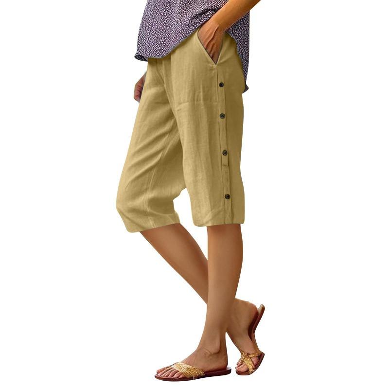 Women's Olive Green Linen Blend Capri Pants with Side Button Detail Casual Loose Summer Trousers