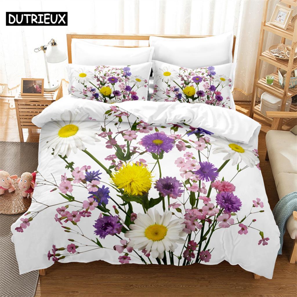 White Daisy Queen Bedding Set Duvet Cover Kids Bedroom Bed Set Comforter Cover Set King Size Duvet Cover Set Bedding Sets