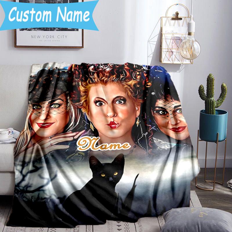 1PC Custom Name Witches Collage Throws Blanket Flannel Blankets for Couch Bed Gifts for Men Women Travel Picnic Christmas Fan Gifts