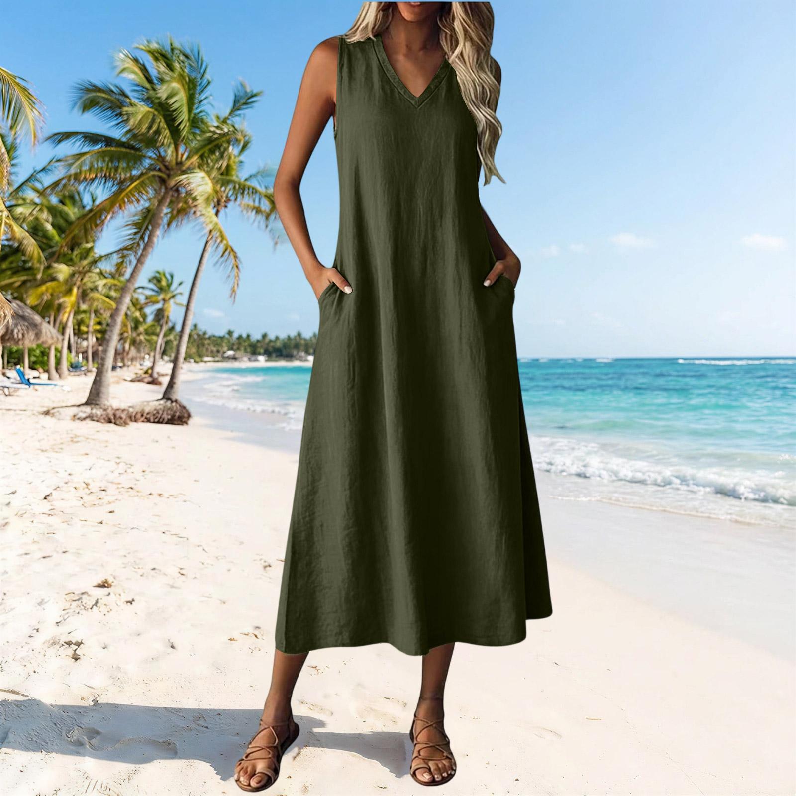 Women s Fashion Casual Plain Sleeveless V-neck Pocketed Zip-up Dress L армия зеленый