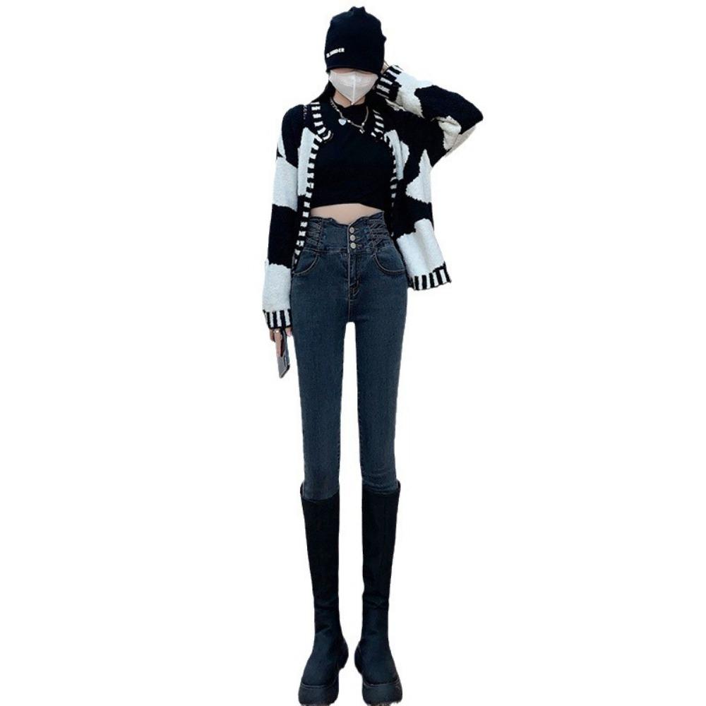 Korean High-waisted Breasted Small-footed Jeans Women's Spring and Summer New Fashion and Thin Versatile Slim-fitting Trousers Tide