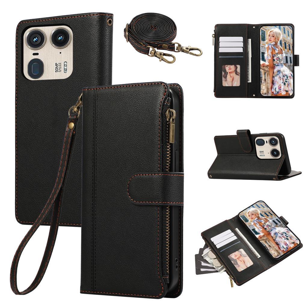Für Motorola Edge 50 Ultra 5G/Moto X50 Ultra 5G Hülle Mehrere Kartenfächer Reißverschluss Leder Handyhülle mit Schultergurt/Handschlaufe
