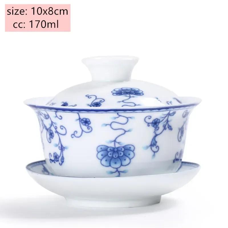 Jingdezhen White Porcelain Gaiwan Tea Cup Blue and White Porcelain Tea Maker Ceramic Handpainted Tea Bowl Tea Set Supplies