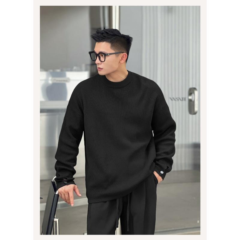 Mens Solid Color Round Neck Long Sleeve Knit Sweater Casual Loose Pullover