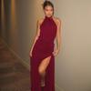 Women European Style Solid Color Halter Backless Slit Slim Fit Long Dress