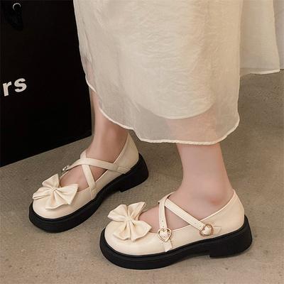 Moda Biqueira Redonda Sola Grossa Sapatos Lolita Femininos Laço Doce Sapatos Mary Janes Bonitos Moda Feminina Fivela Dupla Versáteis Mocassins Casuais