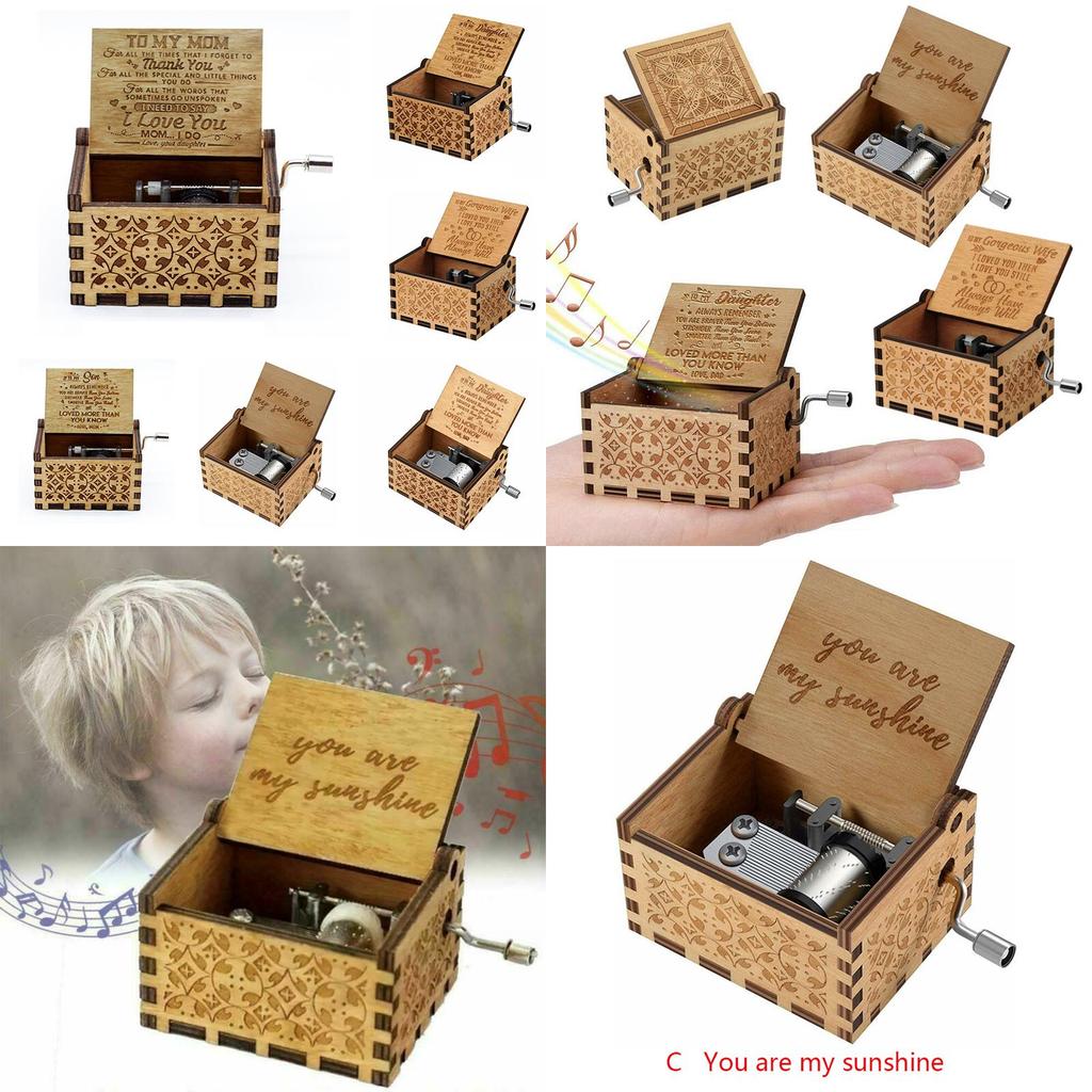 Vintage Wooden Music Box Gift For Kids Charming You Are My Sunshine Engraved Toy