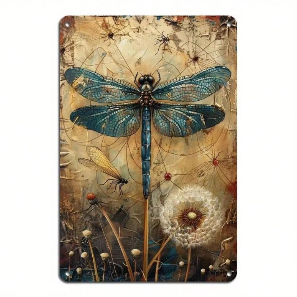 Metal Poster One Piece Premium Wall Art, Vintage Dragonfly Dandelion Decor for Living Room Bar Gift