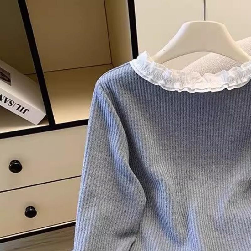 Spring & Autumn Patchwork Ruffle Slimming Cardigan with Colorful Buttons - Women's Long Sleeve Base Top