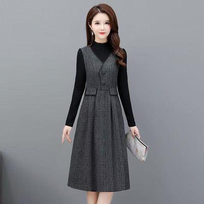 Elegant Faux Two-Piece Long Sleeve Dress - Women’s 2025 Autumn Fashion Waist-Hugging Skirt