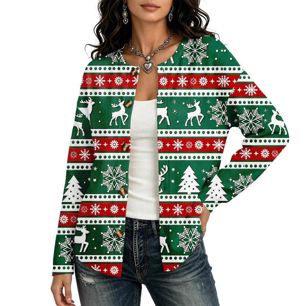 Damen Strickjacke mit langen Ärmeln und Weihnachtsdruck für die Feiertagsparty und den täglichen Gebrauch