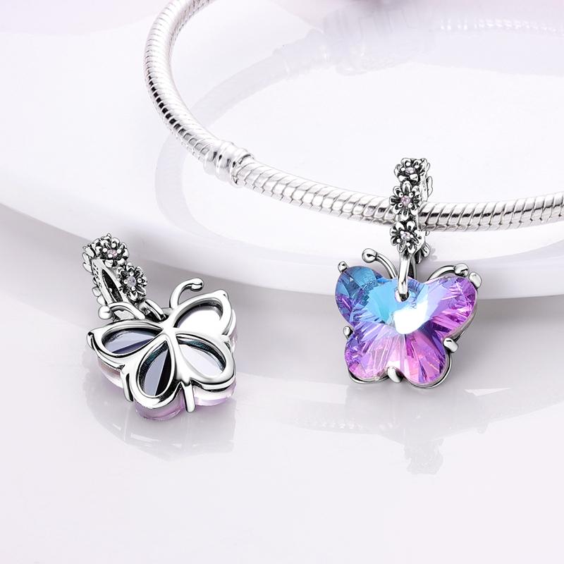 Copper Plated Purple Charms Flower Butterfly Dangle Charm Beads Fit Original Bracelet Diy Pendants