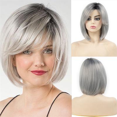 Synthetic Wig for White Women Short Ombre Silver Bobs Cuts Wig Side Parting Hairstyle Straight Hair Cosplay Costume Halloween