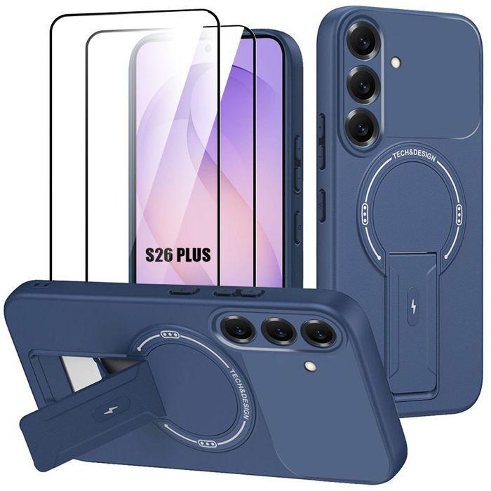 Coque pour Samsung Galaxy S26 Plus, avec Cercle Magnétique et Support Bleu Foncé - 2 Verres Trempés