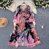 Spring Summer Bohemain Long Dress Women's V-Neck Flare Sleeve Floral Print Single Breasted High Waist A-Line Chiffon Vestidos