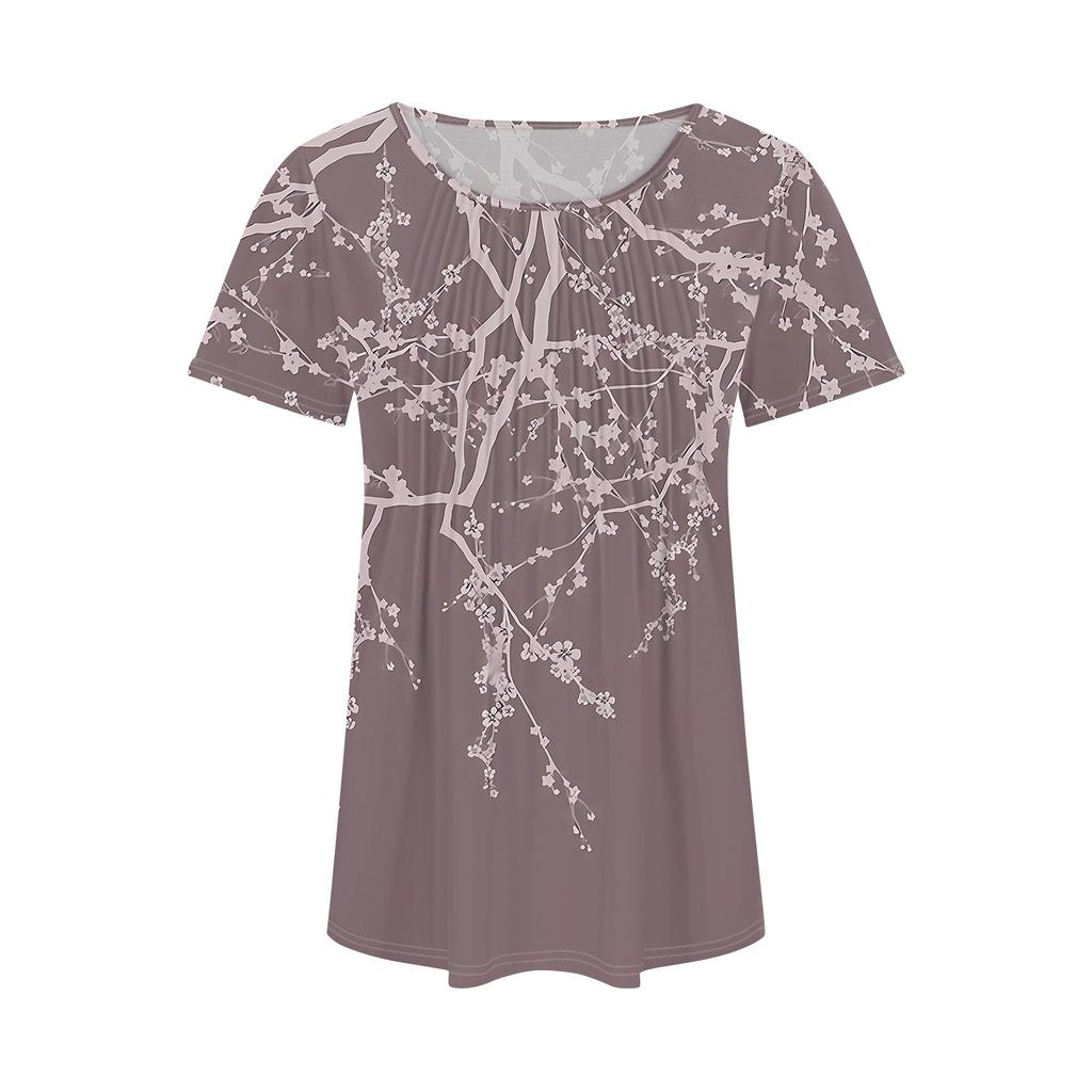 Women's Summer Fashion Casual Pleated Round Neck Print Short Sleeve T-Shirt Top