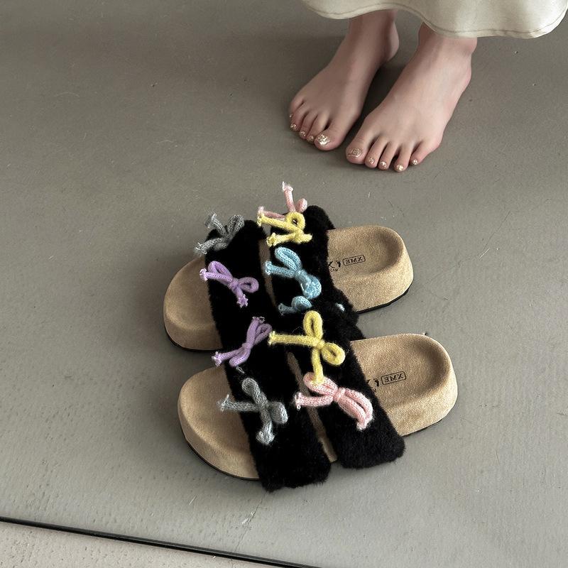 Versatile color matching bow slippers Korean version design sense autumn fashion niche one-word casual shoes girls Mao Mao drag