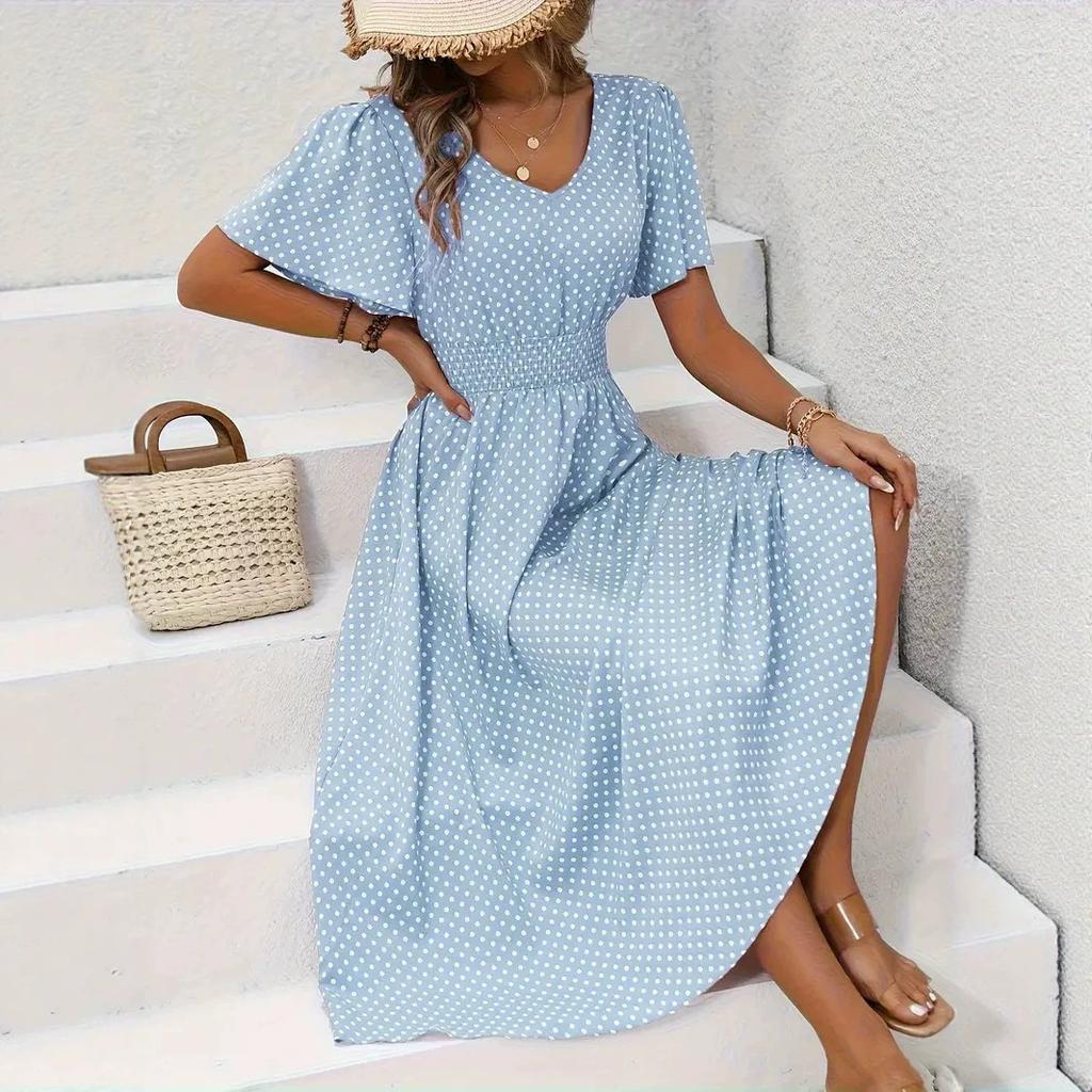 2026 European and American women's clothing spring and summer new express buy hot sale V-neck polka dot pullover casual dress
