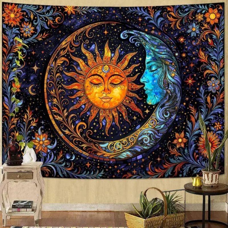 Sun Moon Star Celestial Tapestry Wall Hanging for Living Room Bedroom Yoga Tea Room Wall Art Mystic Boho Home Decor