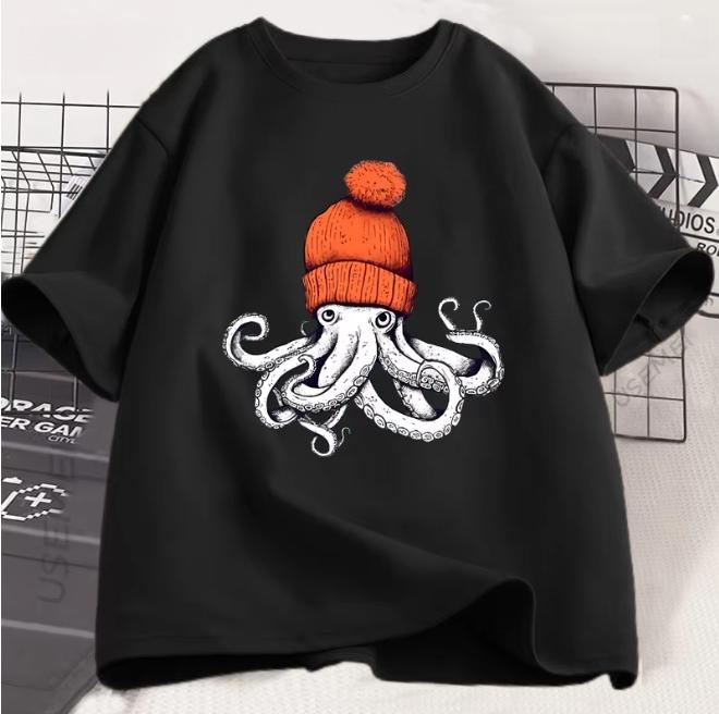 Octopus Orange Beanie Cotton TShirt Japanese Style Graphic Tees Casual Cotton Short Sleeve Round Neck Tshirts Unisex Clothe