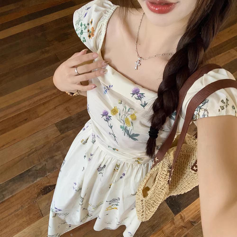 French Floral Square Neck Puff Sleeve Summer Dress for Women - 2026 Beach & Tea Party