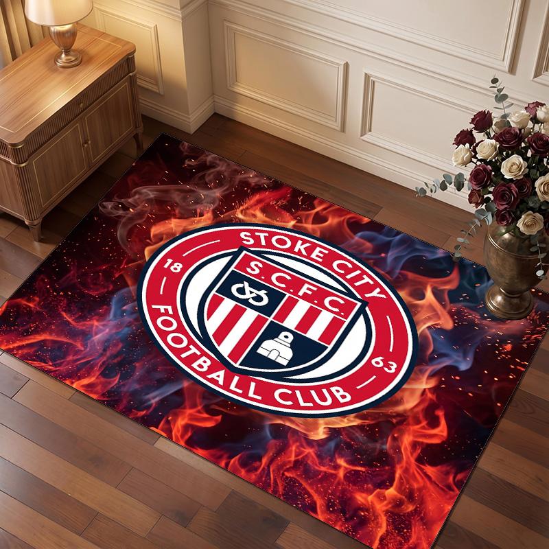 Stoke City Football Print Crystal Velvet Rug, Comfortable Water Absorbent Non Slip Indoor Floor Carpet