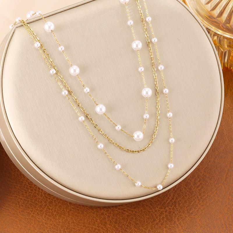 Elegant Double-Layer Pearl Necklace for Women - Light Luxury, Versatile, Autumn/Winter, Titanium Steel
