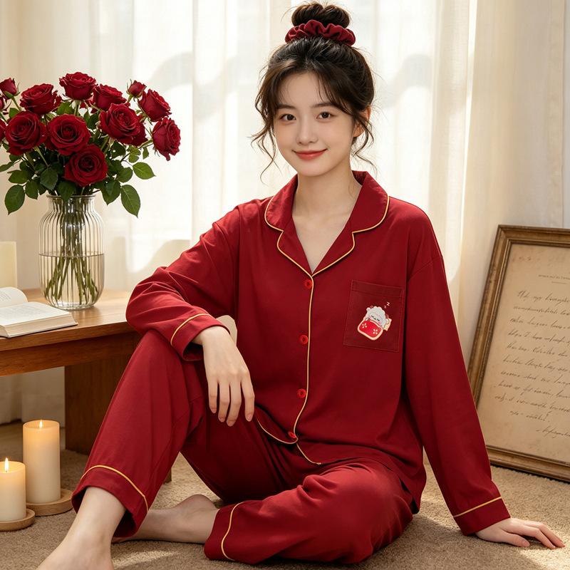 Natal year pajamas women's spring and autumn new imitation cotton long-sleeved red cute cartoon loungewear two-piece set