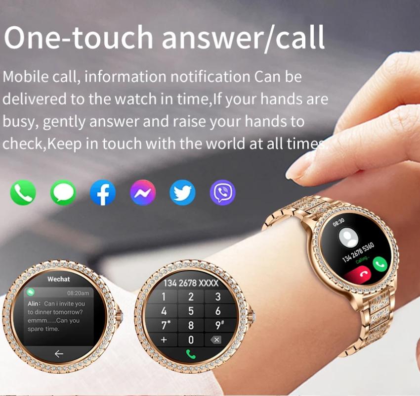2025 Mote Luksus Gull Dame Smartklokke Puls Blodoksygen Søvnovervåking Diamantarmbånd Bluetooth-samtale Smartklokke Damer