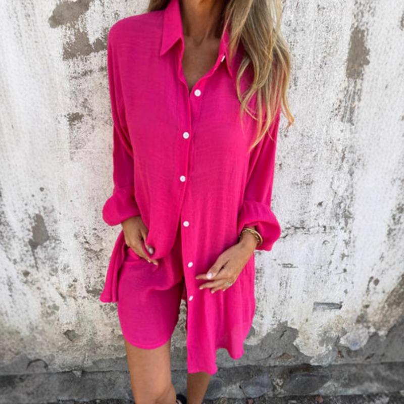 

Casual Solid Color Shorts Long Sleeved Shirt Two-piece Set S рожевий червоний колір
