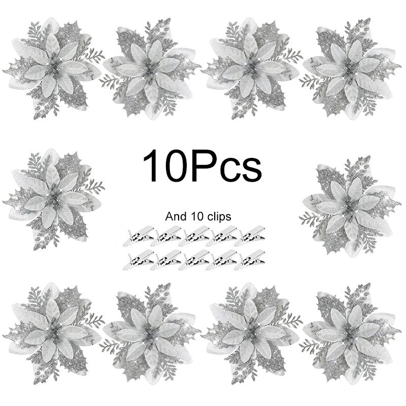 10Pcs/Pack Christmas Flowers Sparkling 14CM with Clips Xmas DIY Glitter Poinsettia Wreath