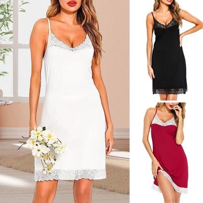 Camisola de renda feminina com alças finas e decote em V, camisola para dormir, babydoll, vestido de dormir macio para o verão