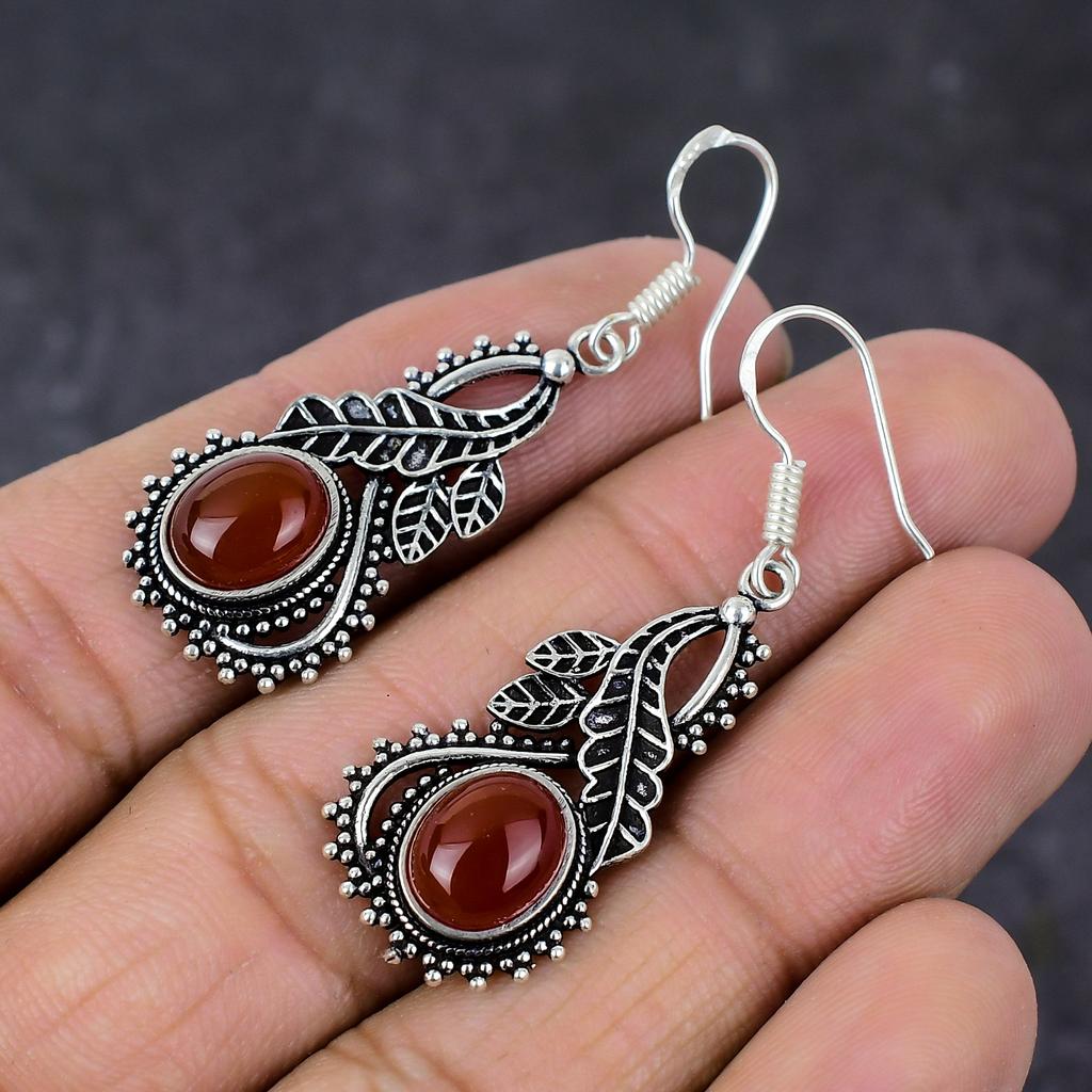 Natural Carnelian Gemstone Handmade 925 Sterling Silver Jewelry Earring 2" C1w65
