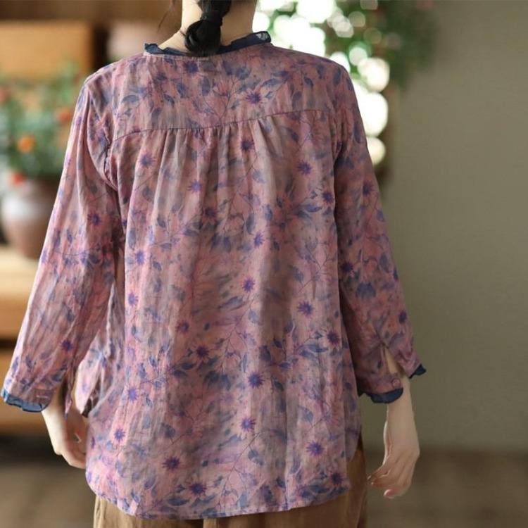 Vintage Chinese Style Floral Print Ramie Blouses Women Long Sleeve Button Tops Fall Shirts